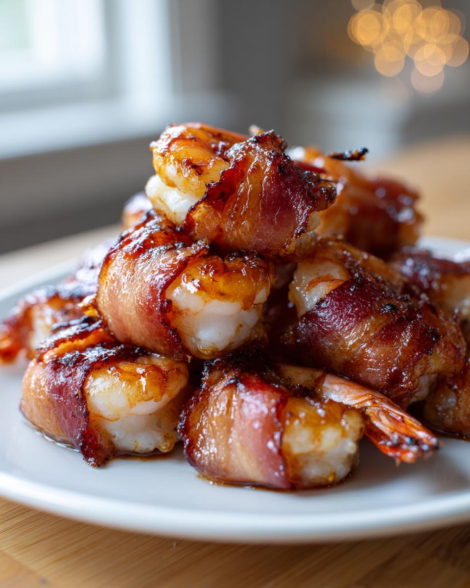 A close-up stack of perfectly cooked bacon wrapped shrimp, glistening with glaze, served on a white plate.