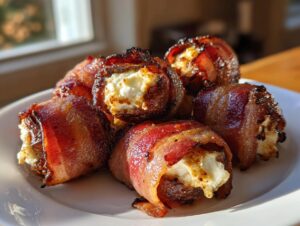 A plate of crispy, bacon-wrapped stuffed dates filled with creamy white cheese, ready to serve.