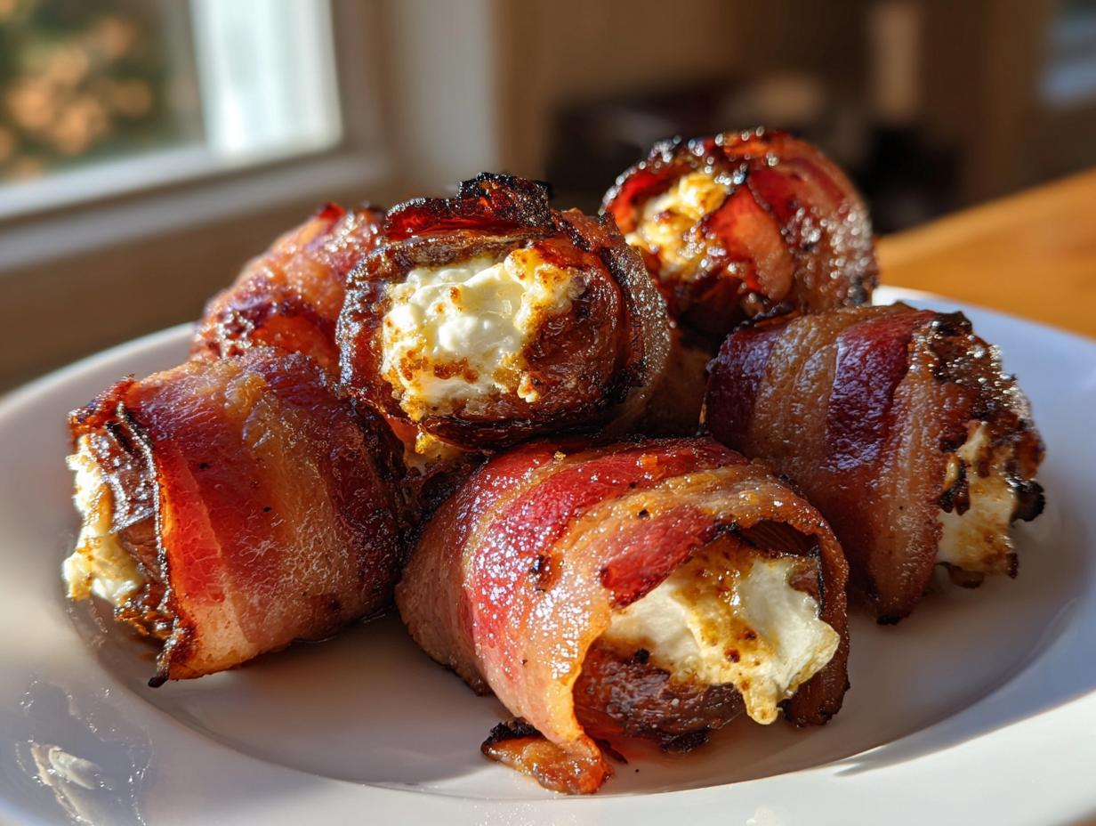 A plate of crispy, bacon-wrapped stuffed dates filled with creamy white cheese, ready to serve.