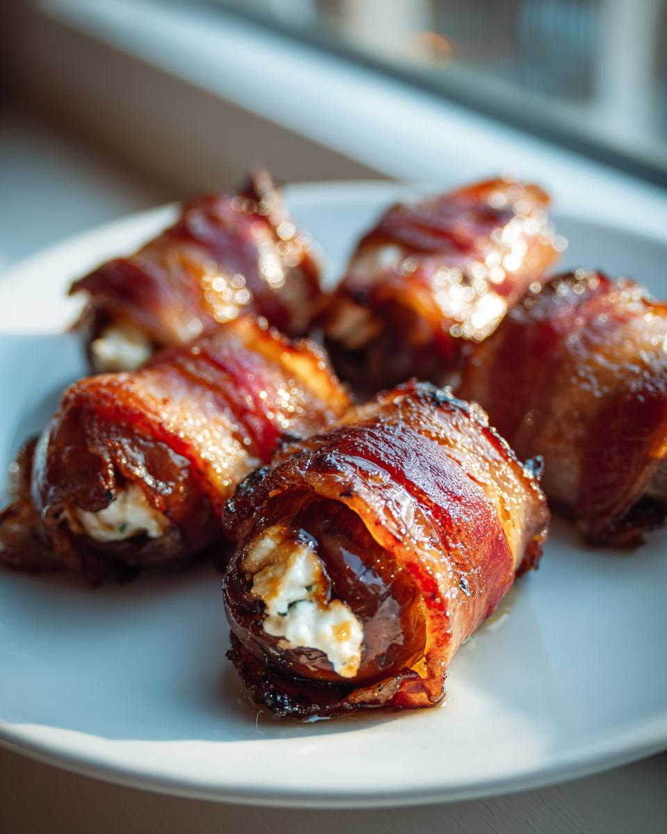 Close-up of five glistening, bacon-wrapped stuffed dates filled with creamy cheese, served on a white plate.