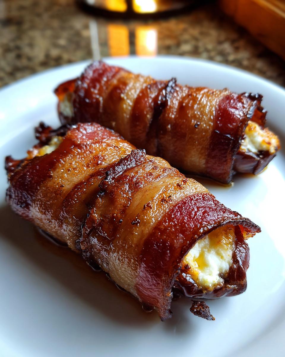 Two crispy, bacon-wrapped stuffed dates filled with white cheese, served on a white plate.