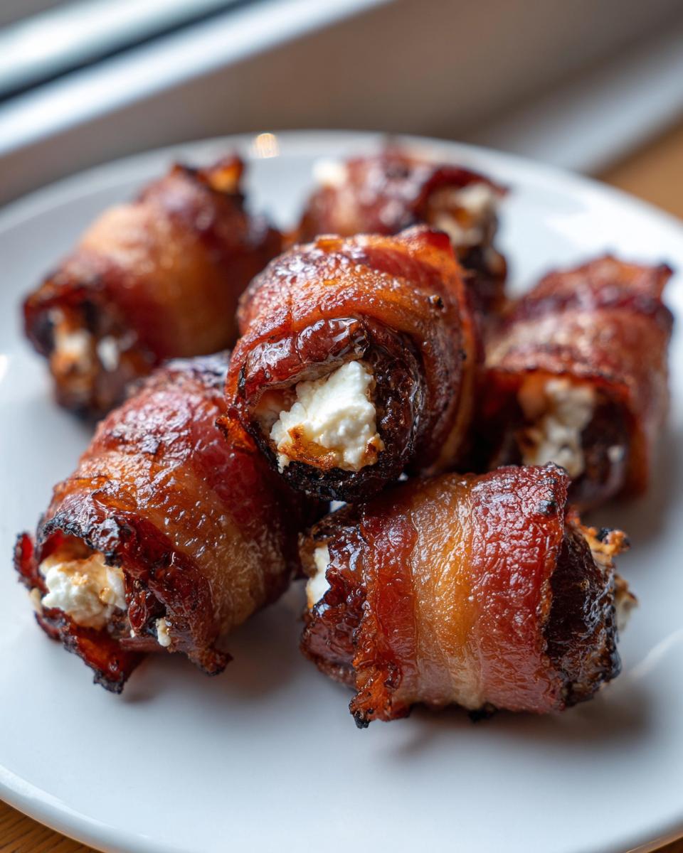 Close-up of several crispy, glazed bacon wrapped stuffed dates filled with white cheese on a white plate.