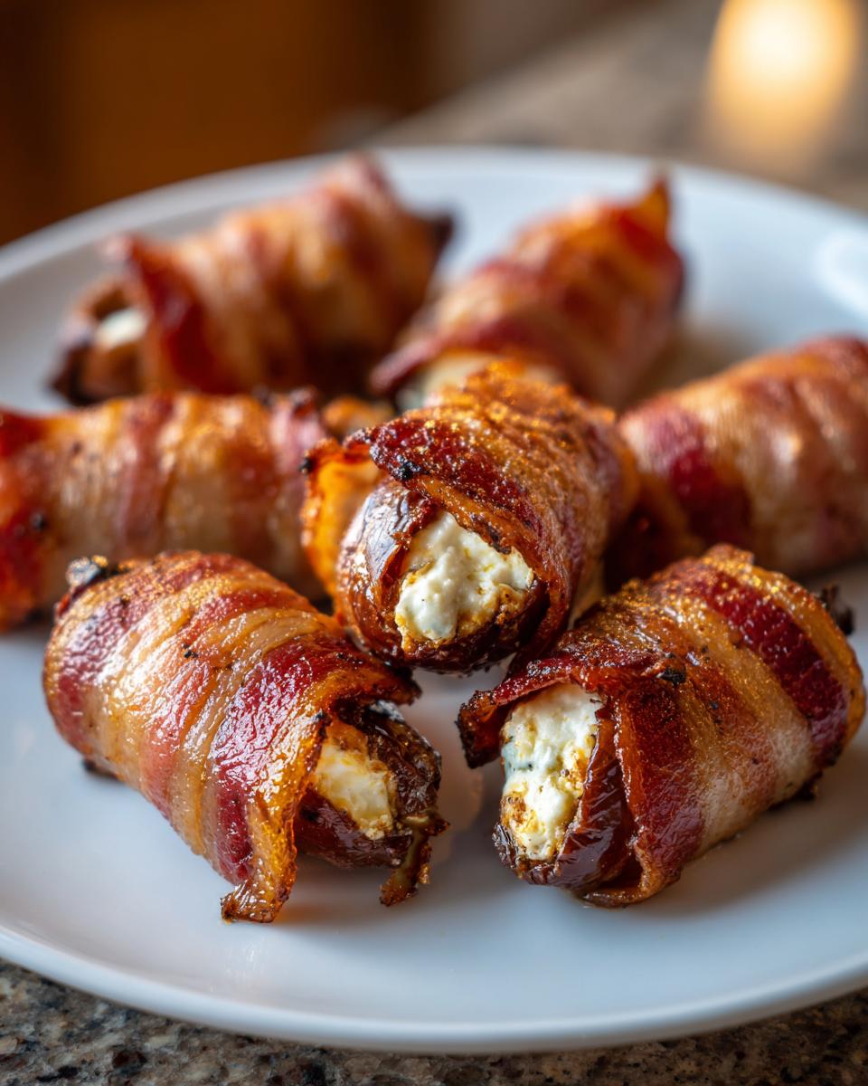 Close-up of crispy bacon wrapped stuffed dates filled with creamy cheese on a white plate.