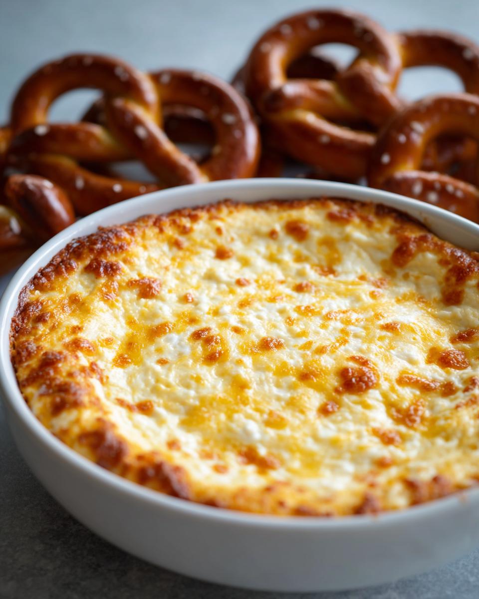 A close-up of a baked beer cheese dip with a golden-brown top, served with soft pretzels in the background.