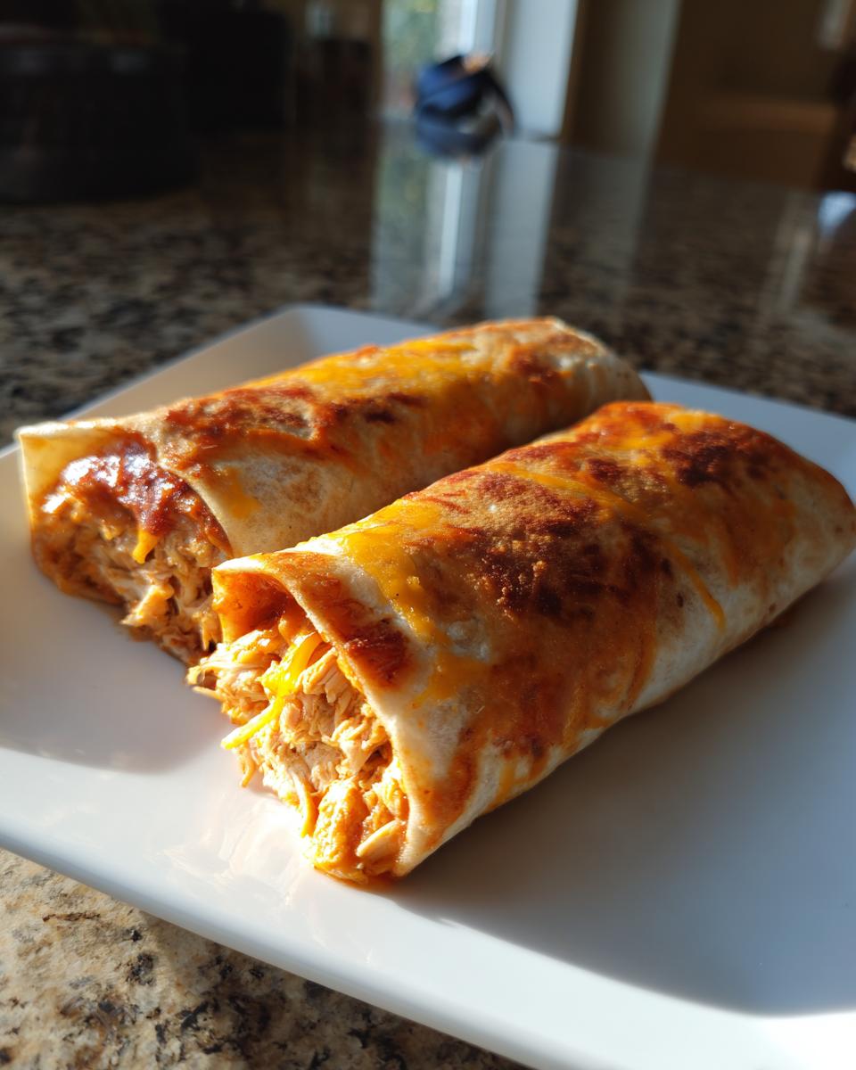 Two golden-brown baked chicken chimichangas topped with melted orange cheese served on a white plate.