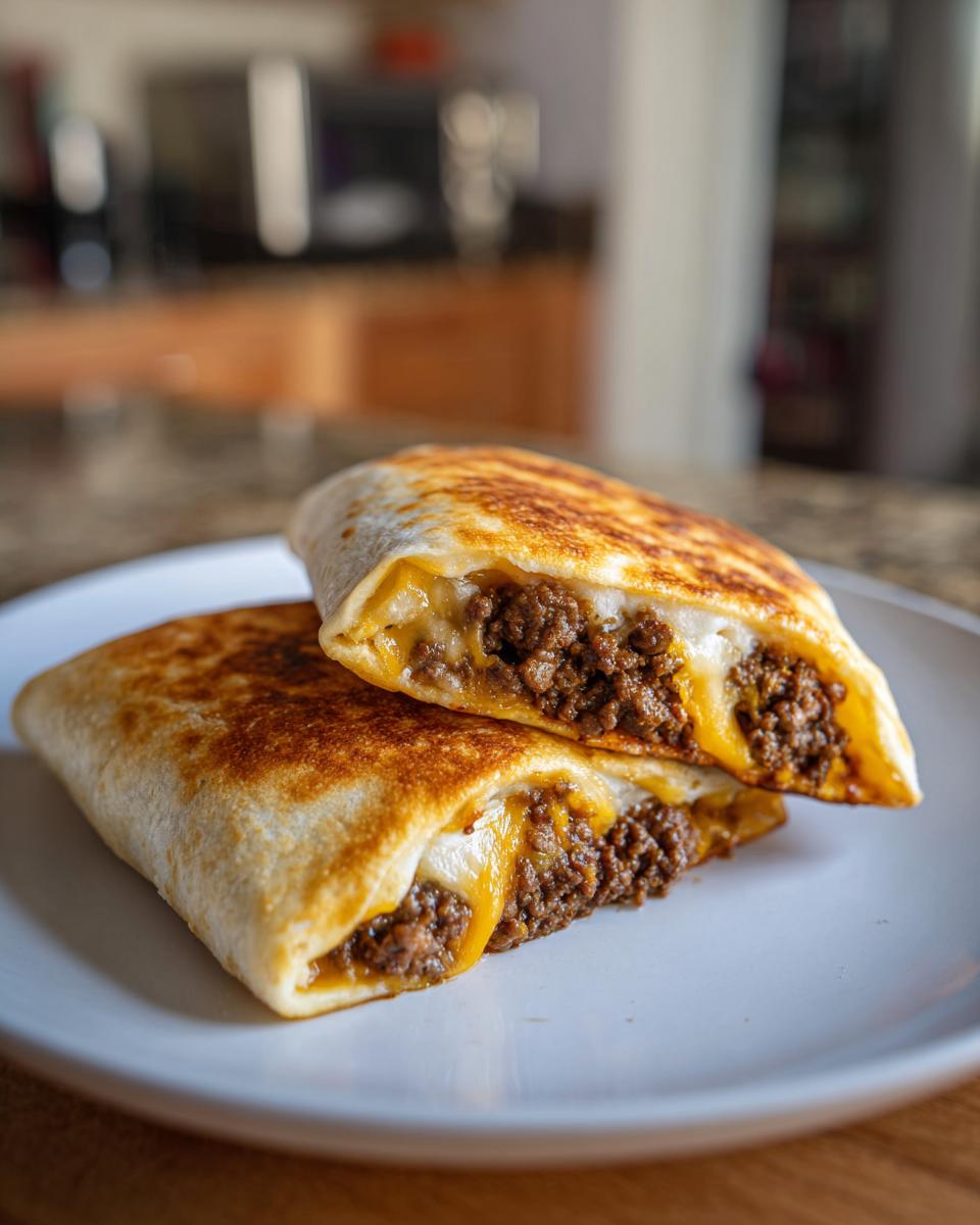 Two halves of a baked Chimichangas, filled with seasoned ground beef and melted cheese, stacked on a white plate.