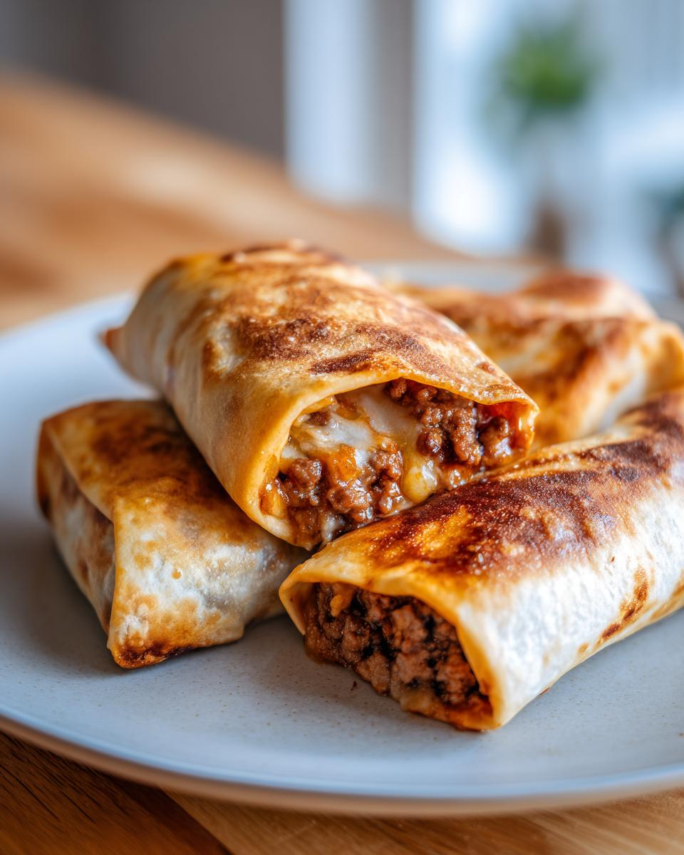 Close-up of golden-brown baked Chimichangas stacked on a plate, showing the savory ground beef and melted cheese filling.