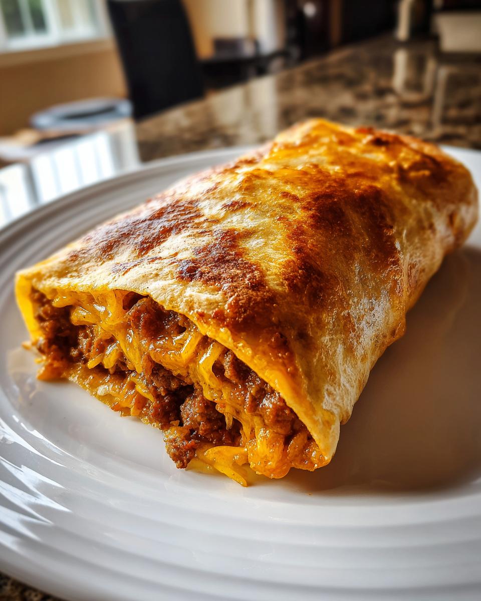 Close-up of a golden-brown baked Chimichangas filled with seasoned ground beef and melted cheese.