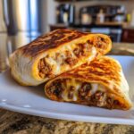 Two halves of a baked chimichanga showing melted cheese and seasoned ground beef filling.