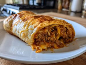 A close-up of a golden-brown baked chimichangas stuffed with seasoned ground beef and melted cheese.