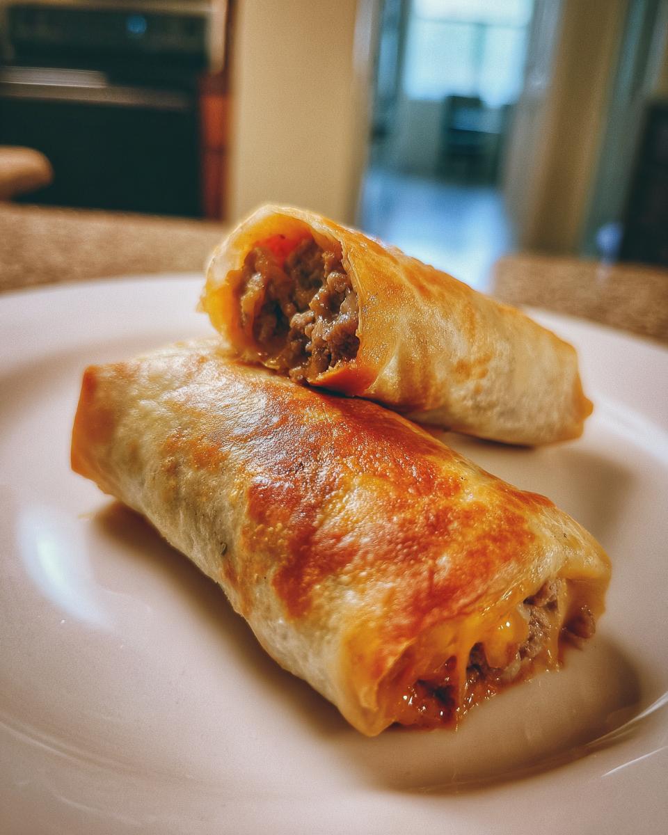 Two baked Chimichangas, one cut open to show the savory ground meat filling and melted cheese.