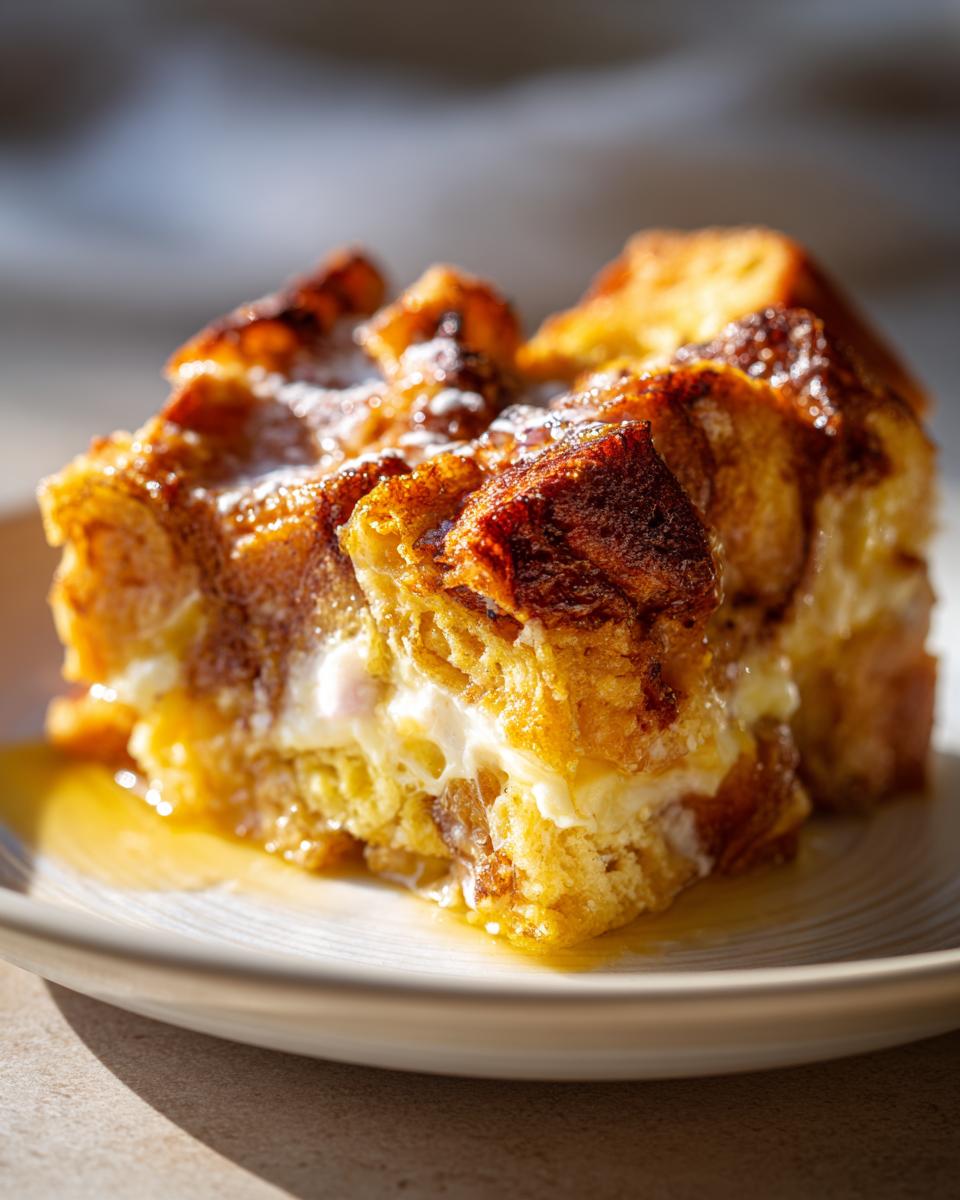 Close-up of a square portion of baked french toast with a creamy filling, drizzled with syrup.