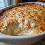 Close-up of a baked hot crab dip in a white dish, showing creamy texture and large chunks of crab meat under a browned, cheesy crust.
