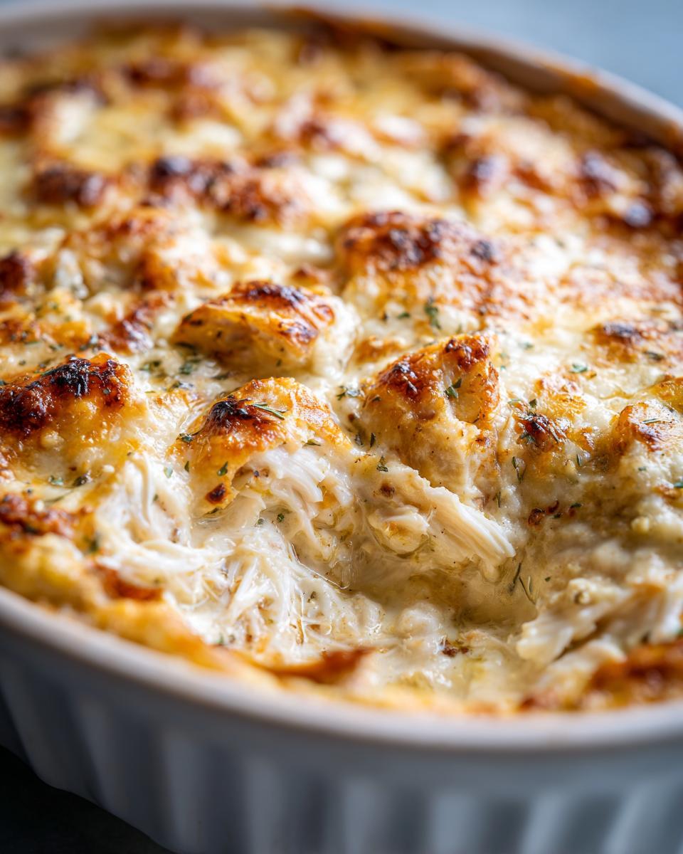 Close-up of creamy, baked hot crab dip showing shredded crab meat and a bubbly, golden-brown cheesy top.