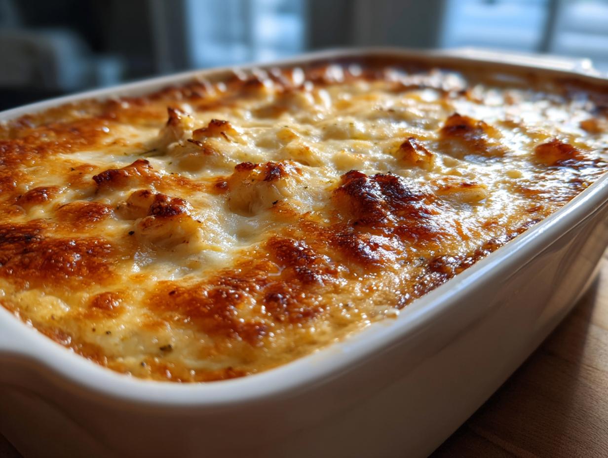 Close-up of a bubbling, golden-brown baked hot crab dip in a white rectangular dish.