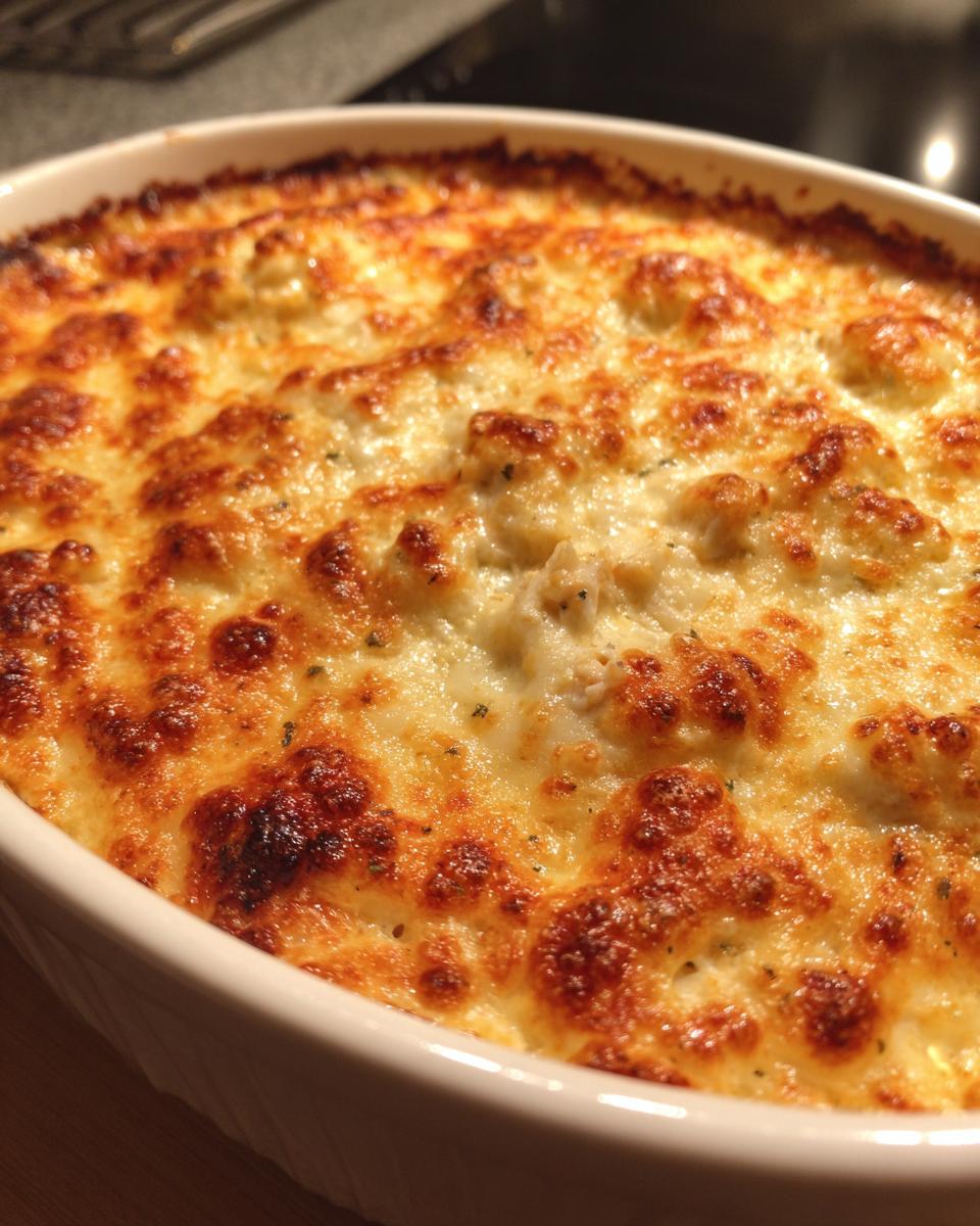 Close-up of a bubbling, baked hot crab dip with a deeply browned and cheesy crust in a white oval dish.