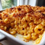 Close-up of a scoop taken from a baked mac and cheese recipe showing gooey cheese pulls and a golden brown breadcrumb crust.