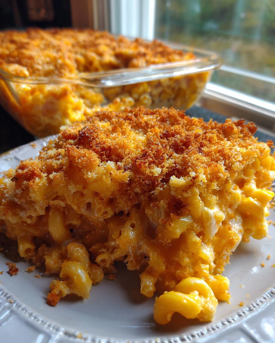 Close-up of a rich, creamy slice of baked mac and cheese recipe with a golden, crunchy breadcrumb topping.