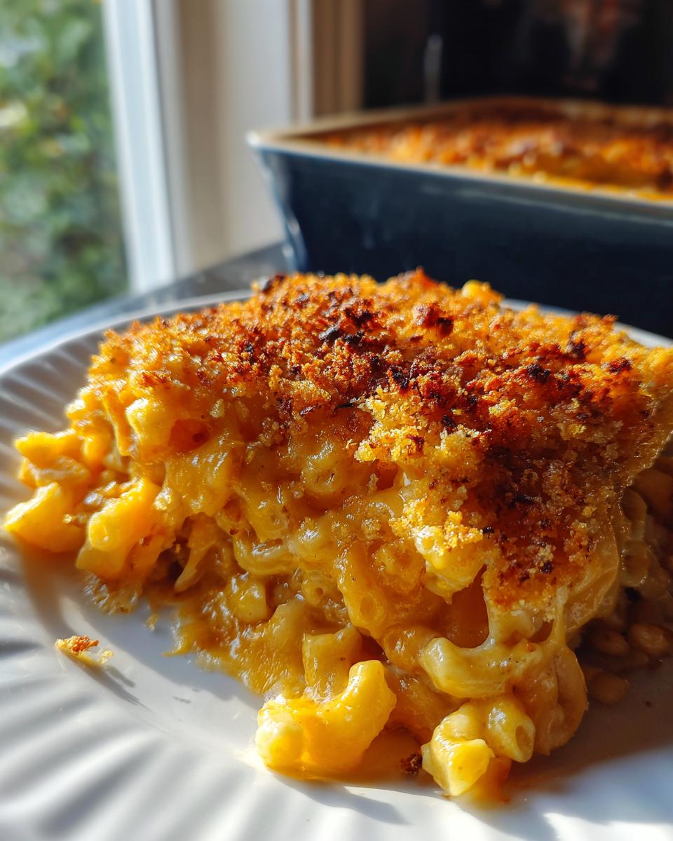 Close-up of a serving of creamy baked mac and cheese recipe with a golden brown, crunchy breadcrumb topping.