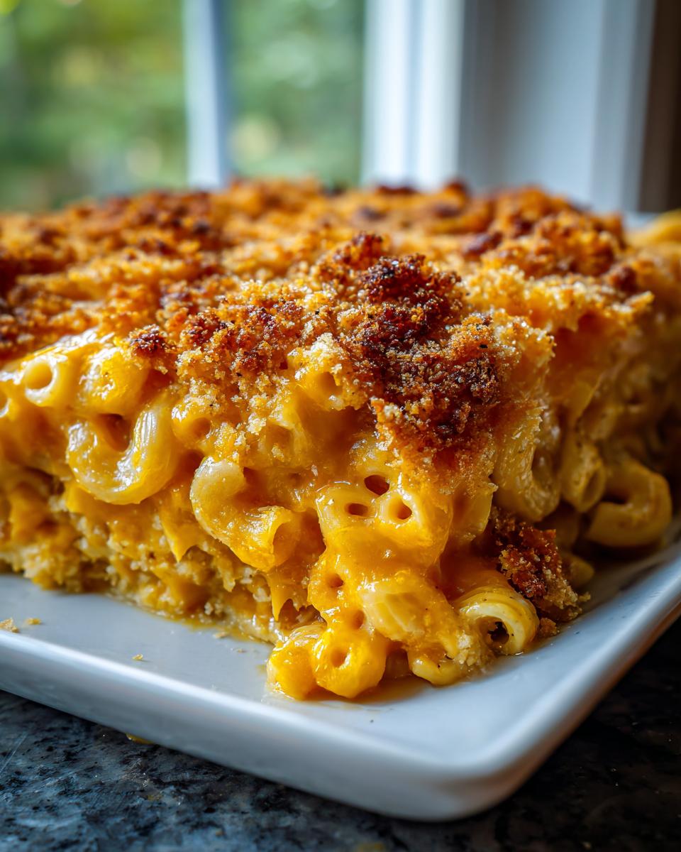Close-up of a rich, creamy slice of baked mac and cheese recipe with a golden brown, crunchy breadcrumb topping.