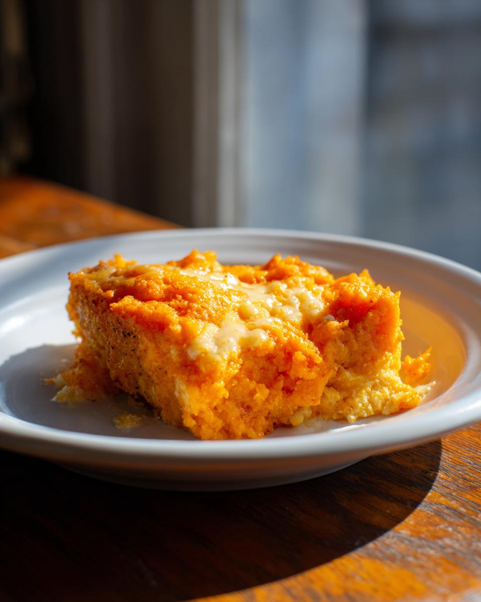 A square portion of baked, vibrant orange cheese grits topped with melted white cheese, served on a white plate.
