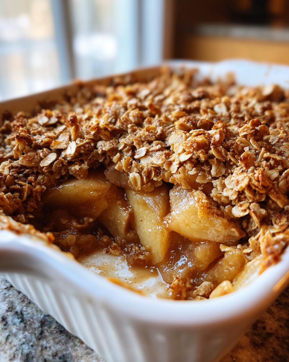 Close-up of a portion of baked pear crisp showing warm, spiced fruit filling and a golden, crunchy oat topping.