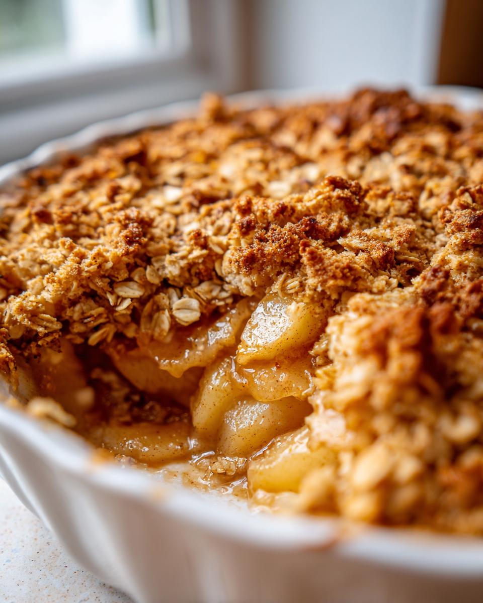 A close-up view showing the gooey, spiced filling and crunchy oat topping of a freshly baked pear crisp.