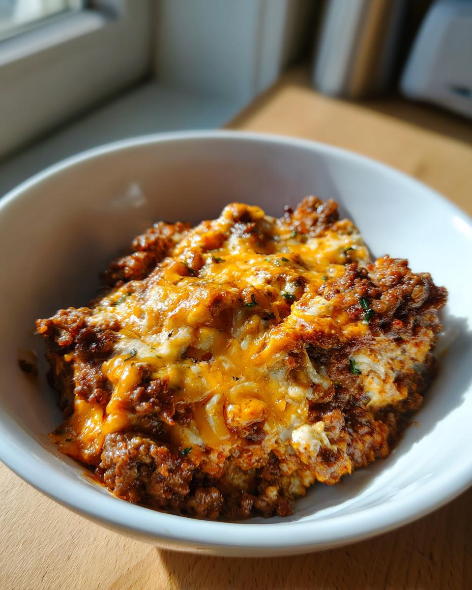 Close-up of baked sausage cream cheese dip with melted cheddar cheese topping served in a white bowl.