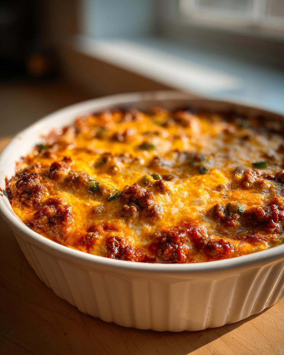 Close-up of hot, baked sausage cream cheese dip topped with melted orange cheddar cheese.