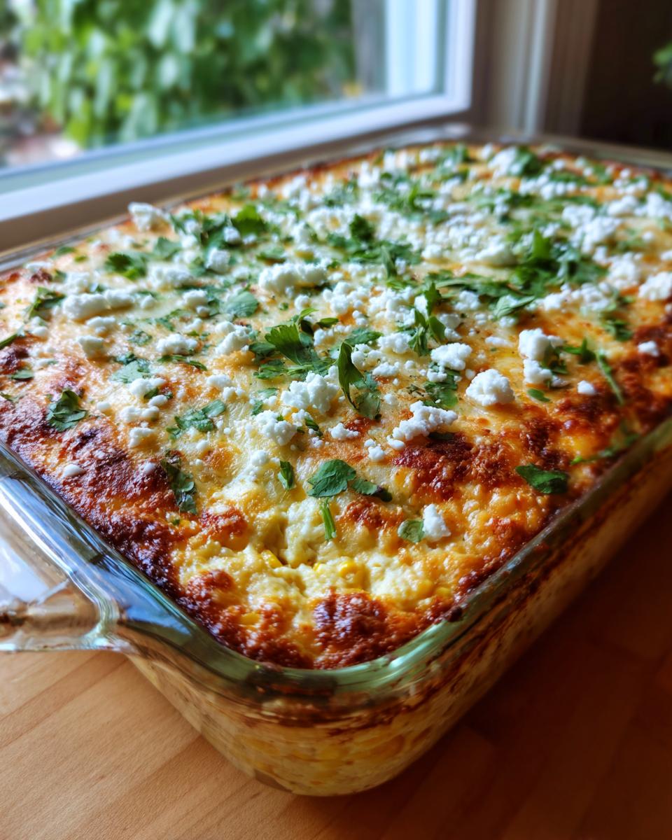 A freshly baked, golden brown street corn dip topped with crumbled white cheese and cilantro in a clear glass baking dish.