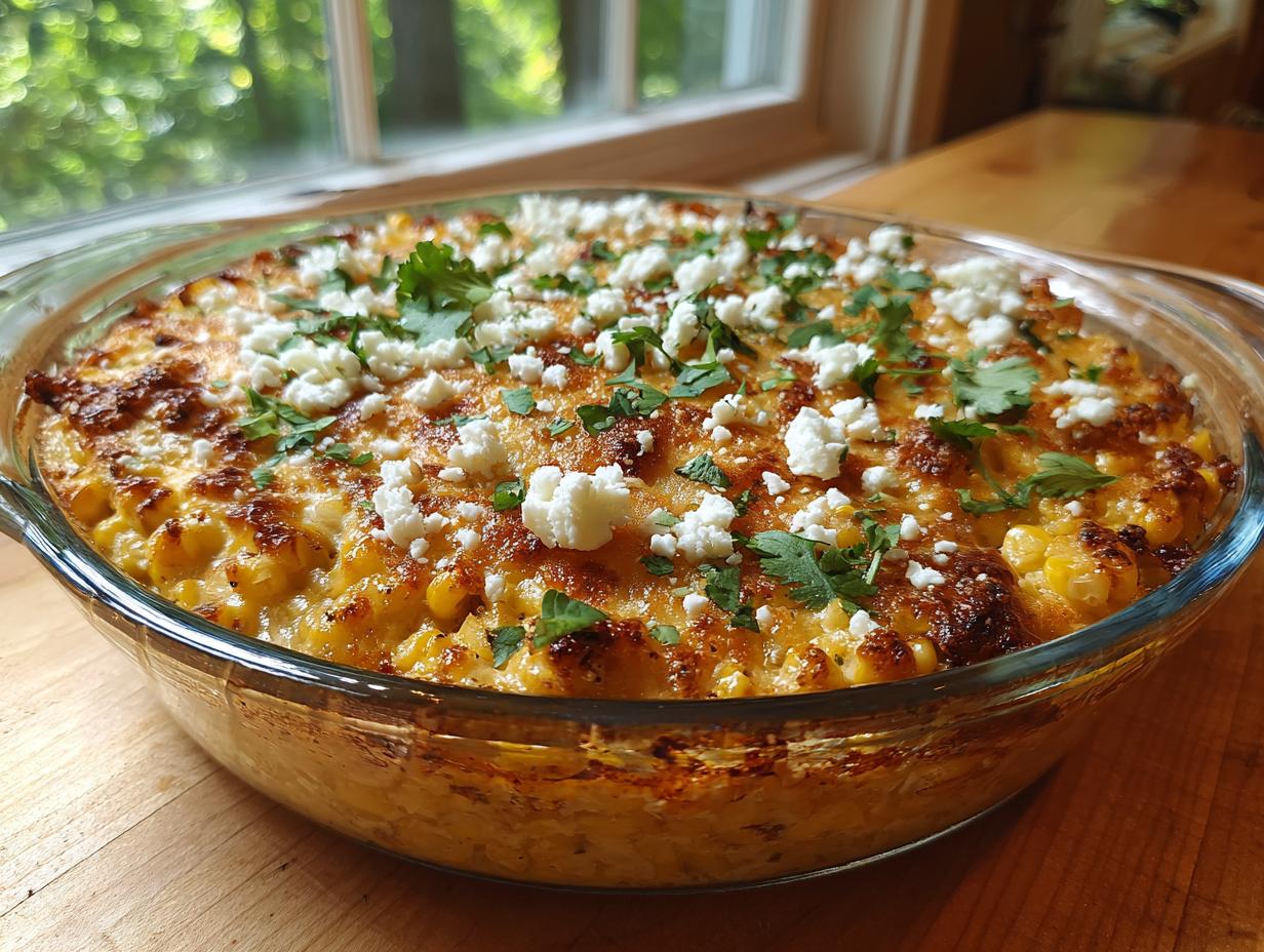 A baked street corn dip topped with melted cheese, crumbled white cheese, and fresh cilantro in a clear glass dish.