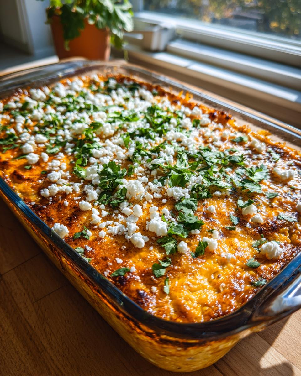 A golden-brown, baked street corn dip topped with crumbled white cheese and fresh cilantro in a clear glass baking dish.