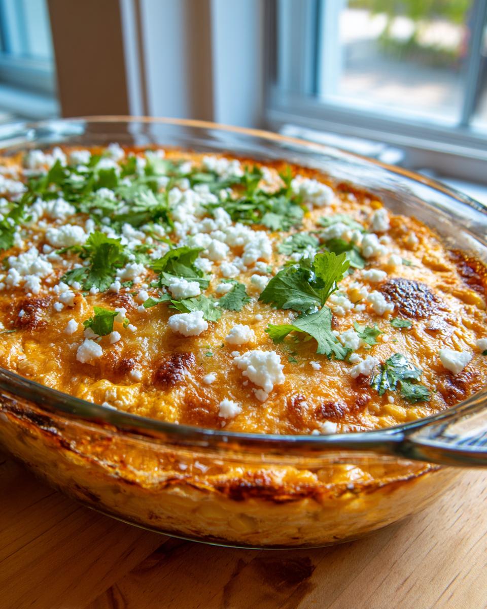 Close-up of a bubbly, baked street corn dip in a glass dish, topped with crumbled white cheese and fresh cilantro.