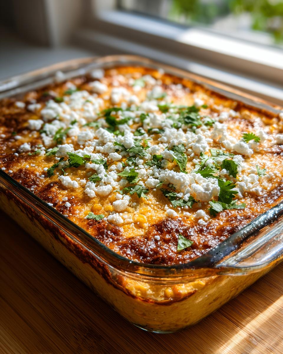 Close-up of a baked street corn dip in a glass casserole dish, topped with cotija cheese and cilantro.