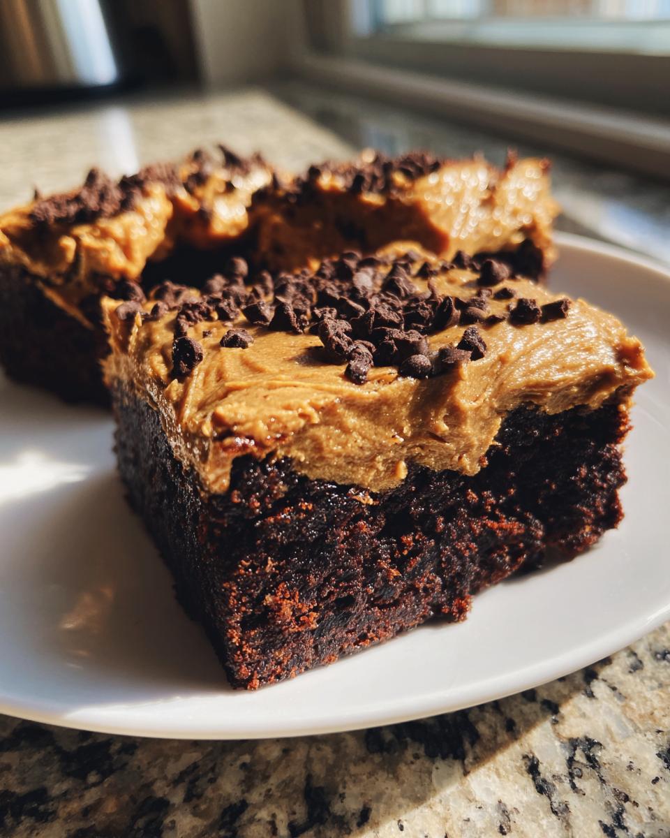 A close-up of rich, dark banana bread brownies topped with peanut butter frosting and mini chocolate chips.