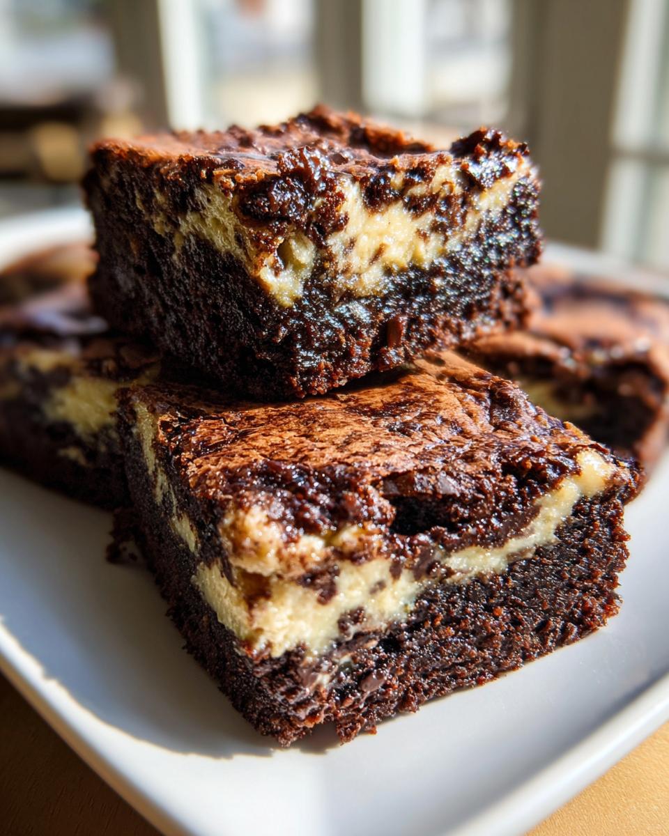 Close-up of rich, fudgy banana bread brownies with a visible layer of cream cheese swirl.