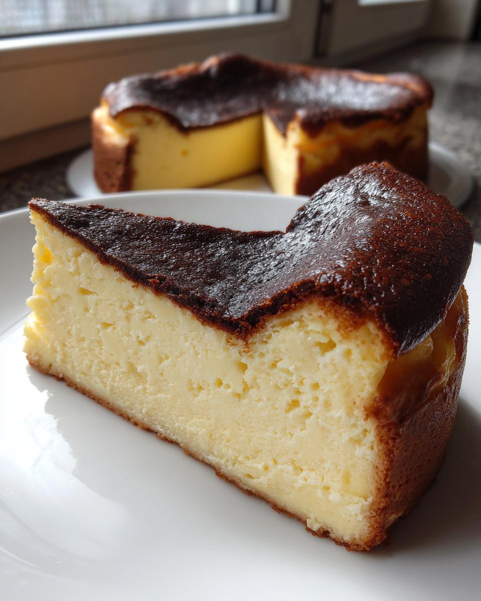 A close-up slice of creamy Basque burnt cheesecake with a dark, caramelized top.