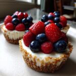 Close-up of a delicious mini cheesecake topped generously with fresh strawberries, blueberries, and raspberries.