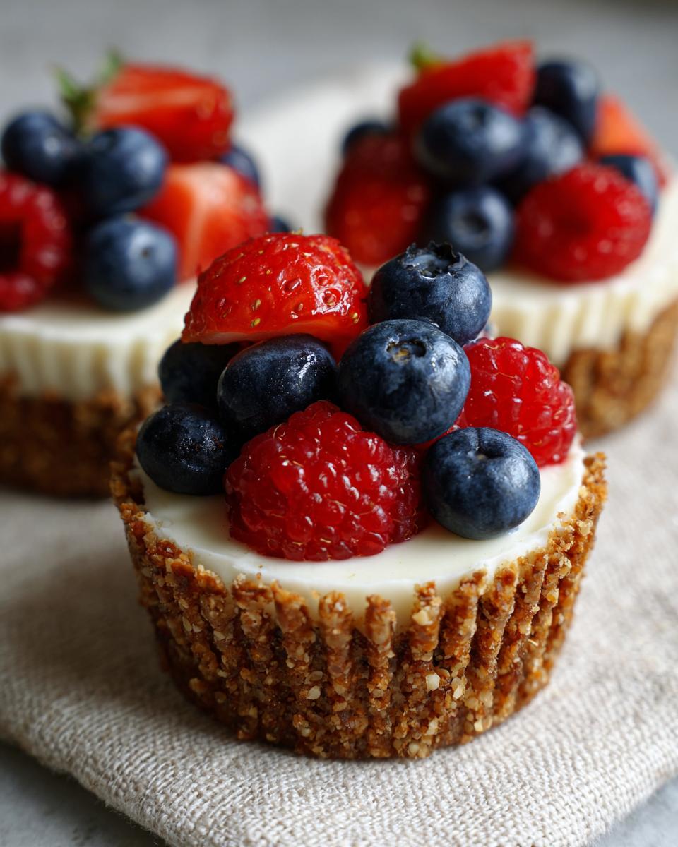 A close-up of a single mini cheesecake with a textured crust, topped generously with fresh blueberries, raspberries, and strawberries.