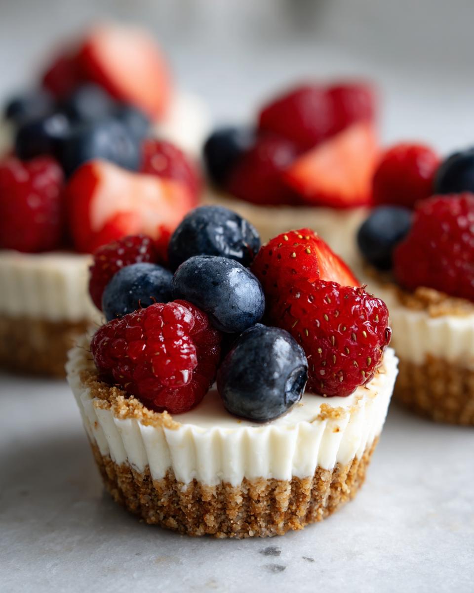 A close-up of a single mini cheesecake with a graham cracker crust, topped with fresh blueberries, raspberries, and sliced strawberries.