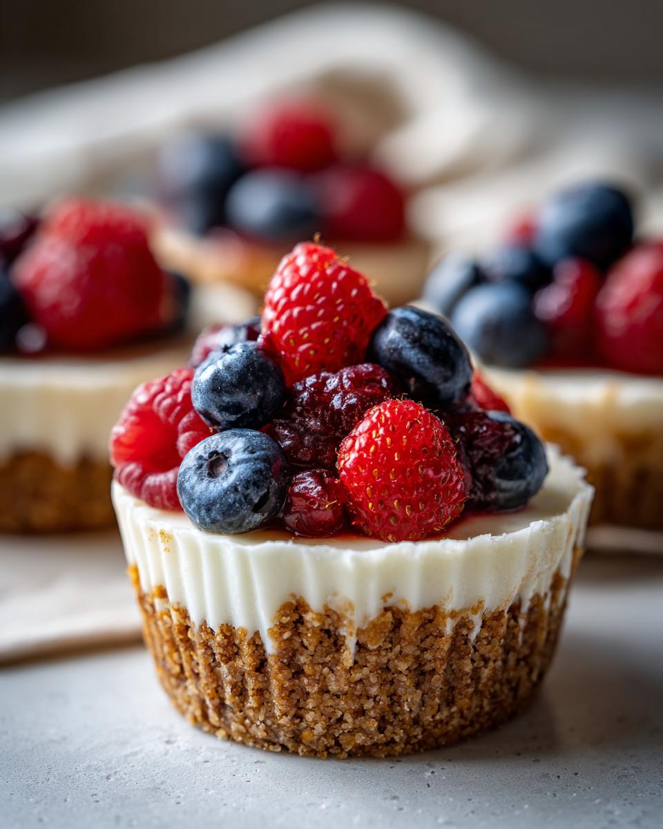 A close-up of a single, perfectly formed mini cheesecake with a graham cracker crust, topped generously with fresh mixed berries.