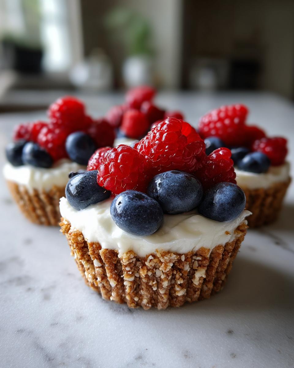 A close-up of a single mini cheesecake topped with creamy white filling, fresh raspberries, and blueberries, sitting on a white marble surface.