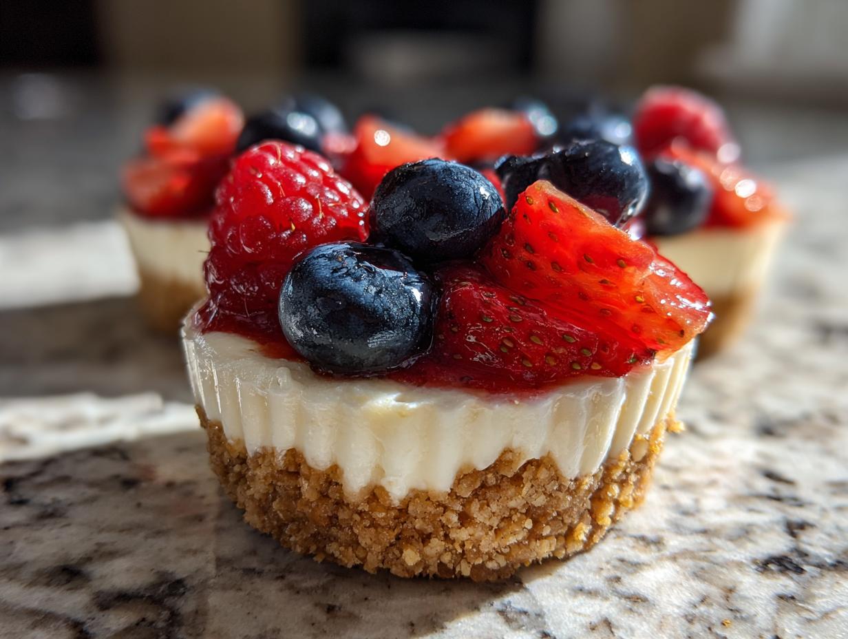 A close-up of a single, delicious mini cheesecake topped with fresh blueberries, raspberries, and sliced strawberries.