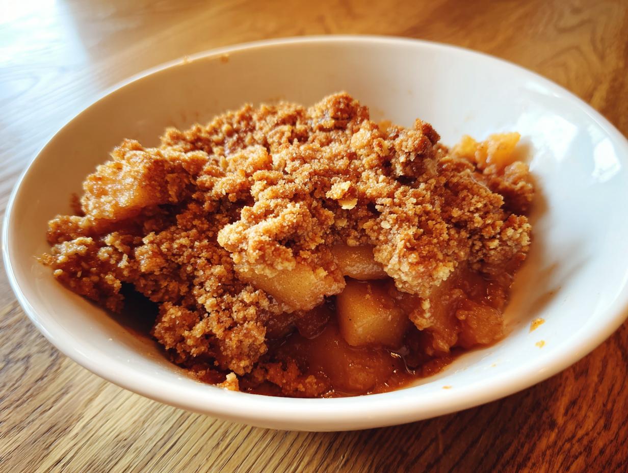 Close-up of a warm serving of apple crumble with a thick, brown, crumbly topping in a white bowl.
