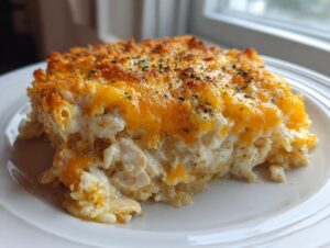 A close-up serving of creamy chicken and rice casserole with a melted cheddar cheese topping and herbs.