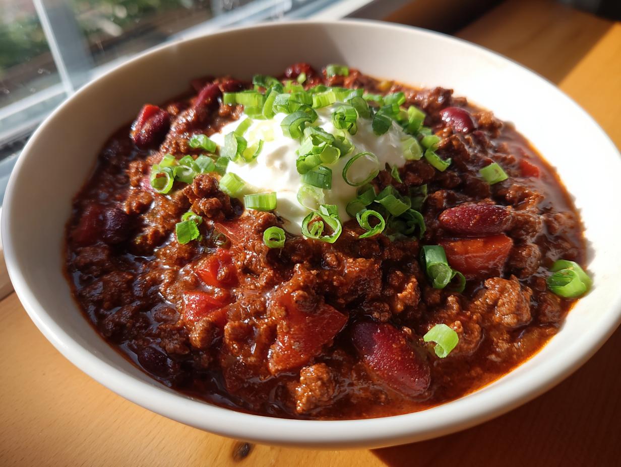 A close-up of a rich, dark bowl of homemade chili topped with a dollop of sour cream and fresh green onions.