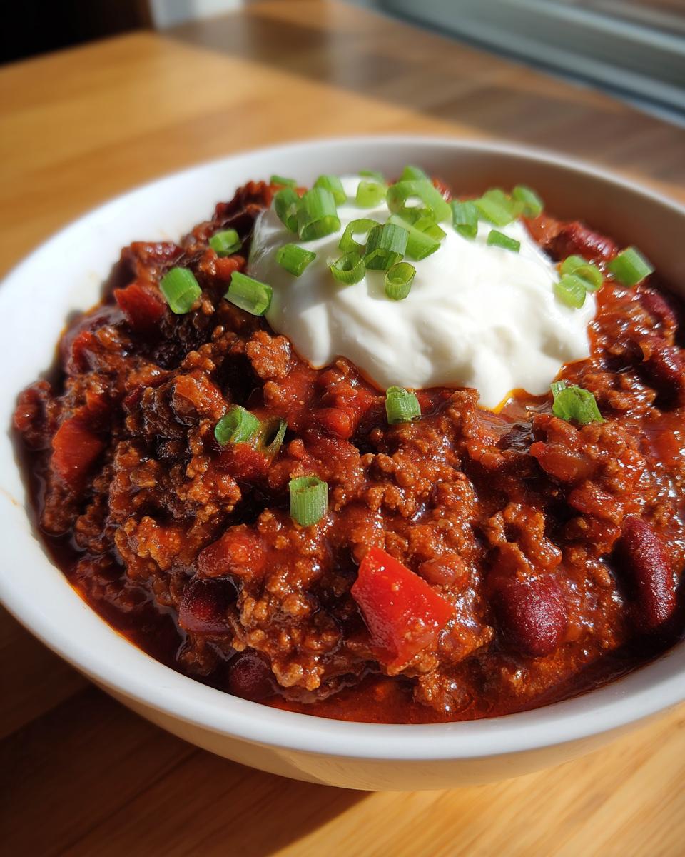 A close-up, appetizing bowl of rich, meaty chili topped with a dollop of sour cream and chopped green onions.