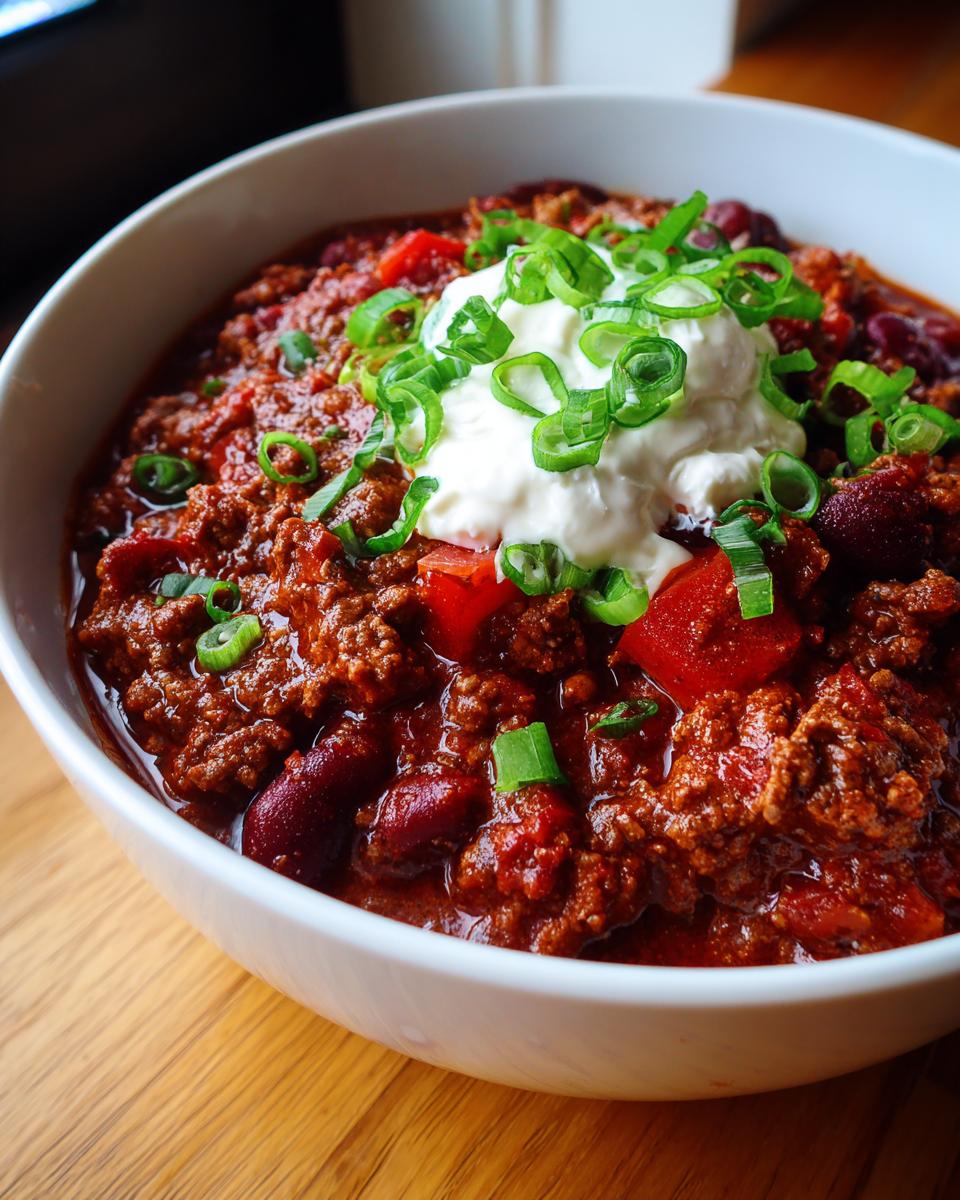 Close-up of a rich, dark red bowl of homemade chili topped with sour cream and sliced green onions.