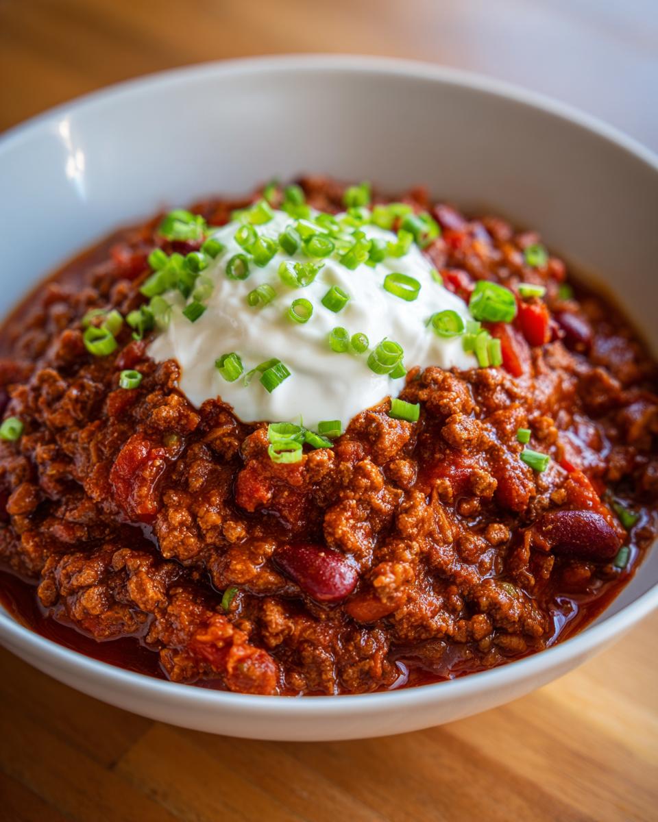 Close-up of a rich, hearty bowl of chili topped with a dollop of sour cream and chopped green onions.