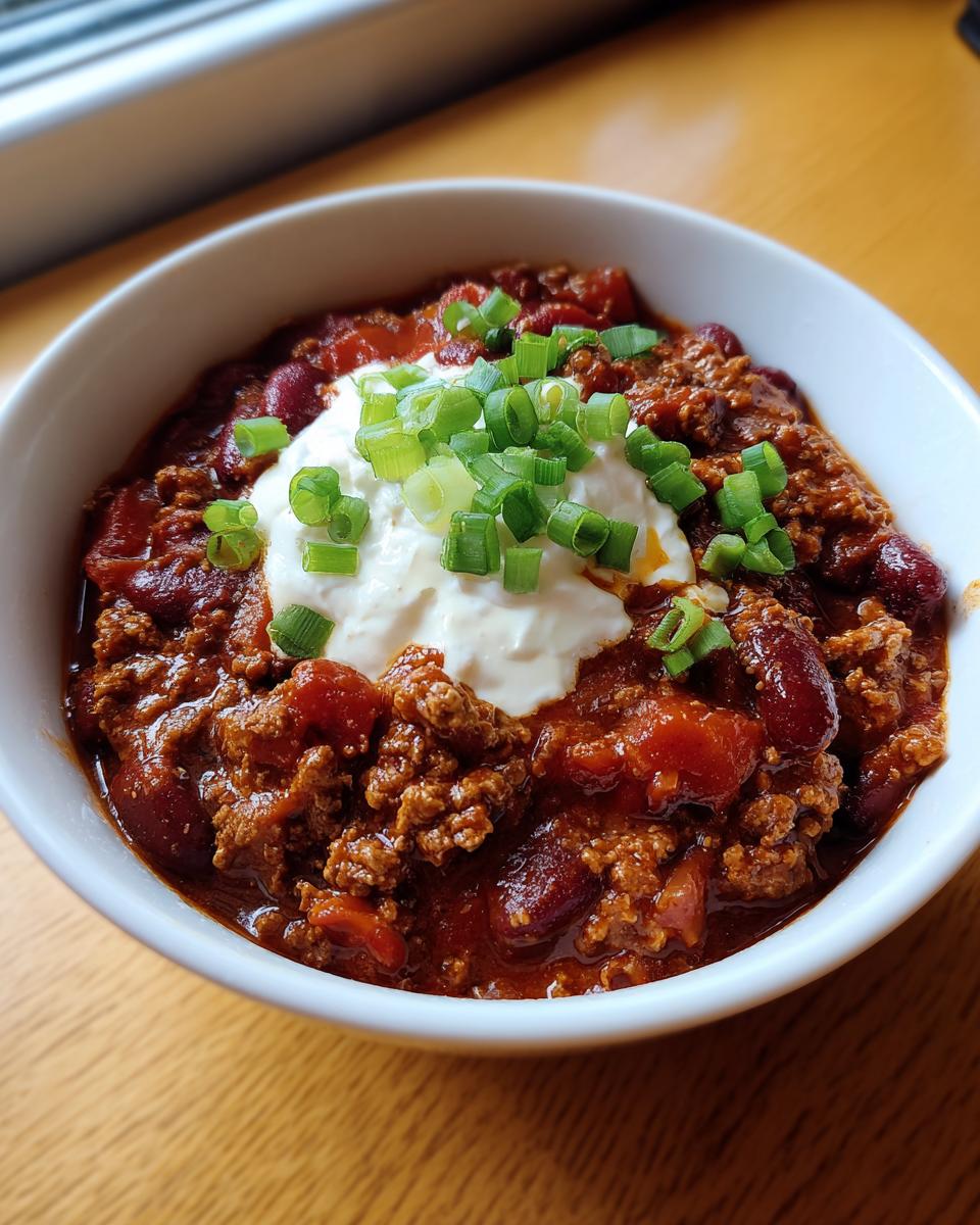 A close-up of a white bowl filled with rich, meaty chili, topped with a dollop of sour cream and chopped green onions.